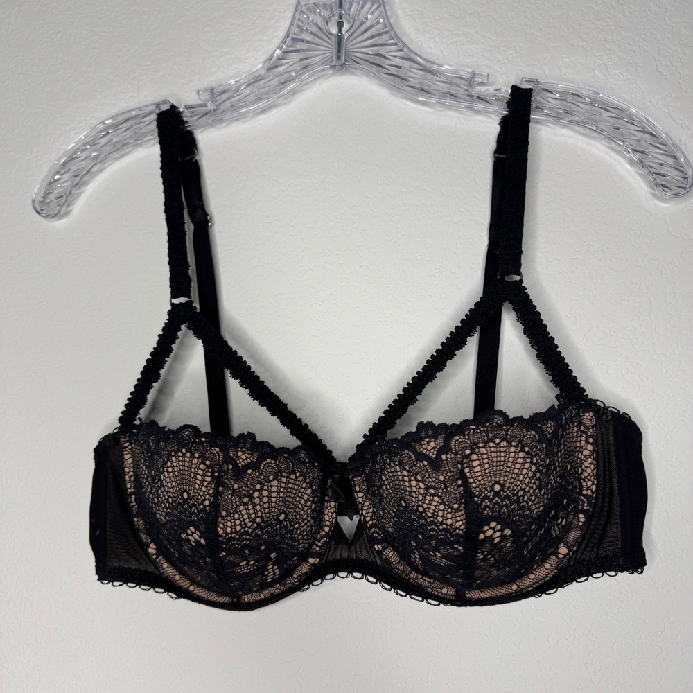 Adore Me Kimmy Black Push Up Lace Cage Balconette Bra 36C Underwire Strappy